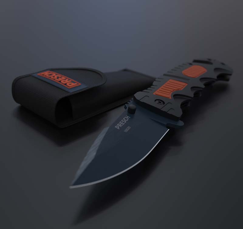 PRESCH Rettungsmesser mit Scheide in dunklem Design und orangen Akzenten auf grauem Hintergrund