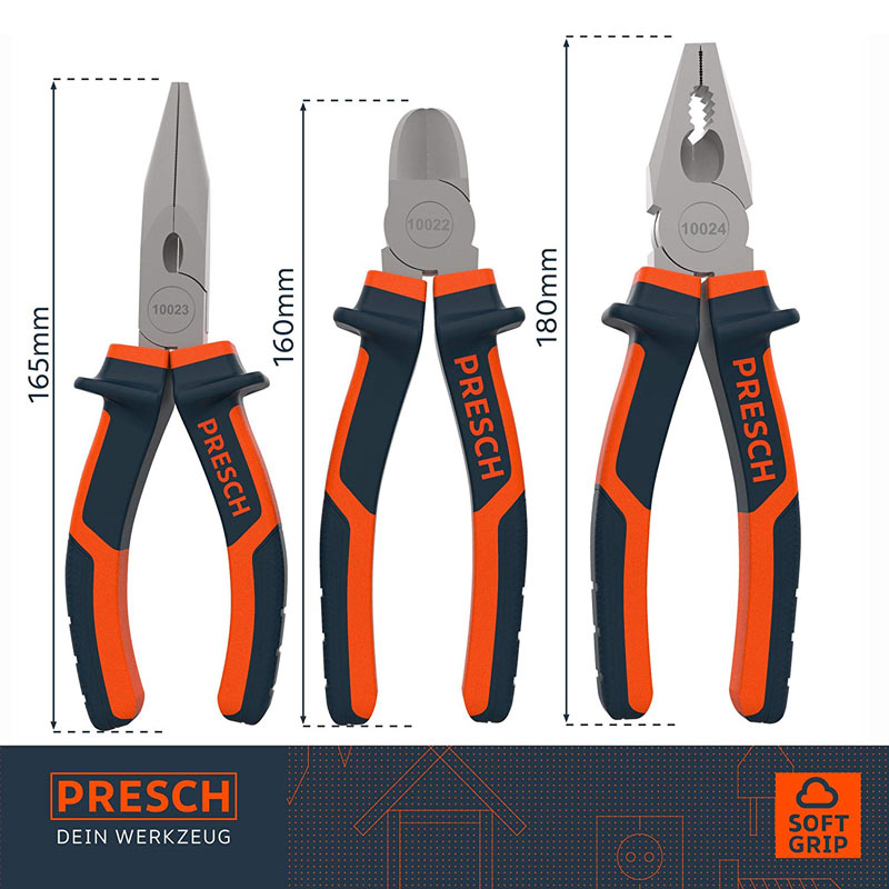 PRESCH Tangenset met combinatietang, zijsnijtang en punttang met ergonomische handgreep