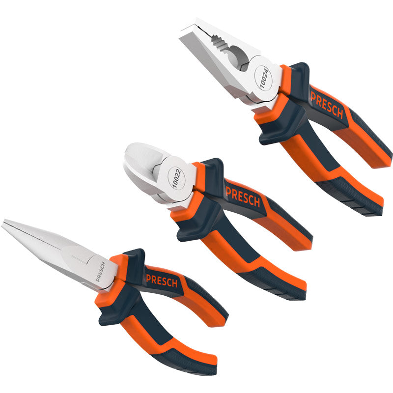 Presch Zangen Set in verschiedenen Ausführungen mit orange-schwarzem Griff, inklusive Kombizangen und Spitz-Zangen.
