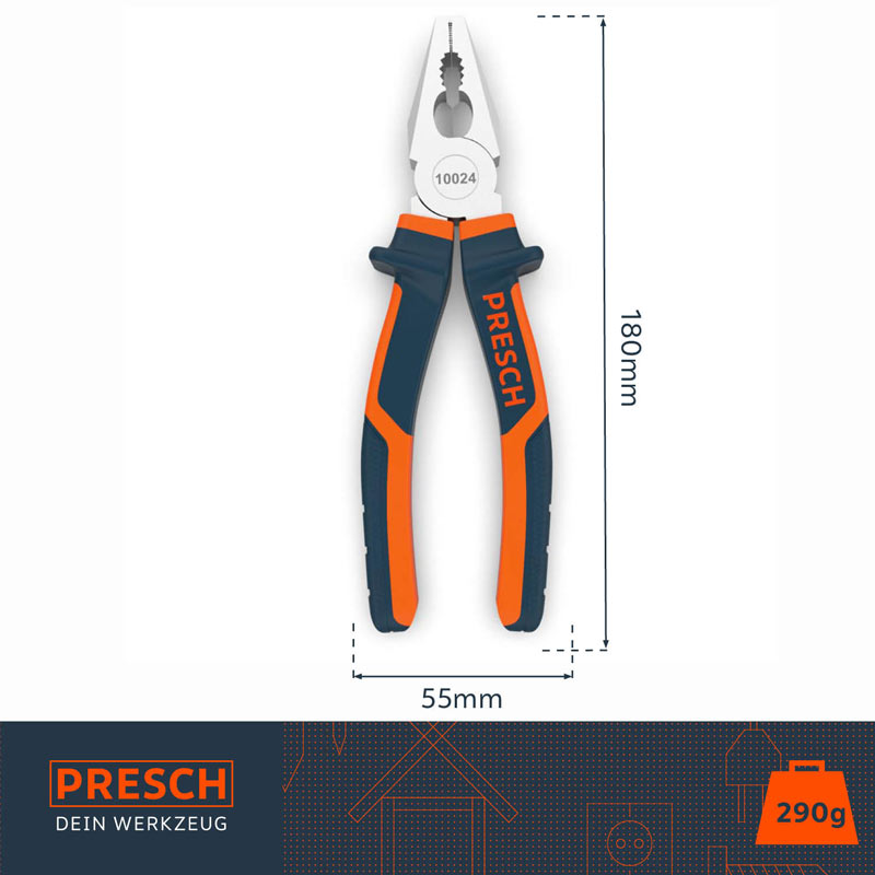 Pince universelle PRESCH avec poignée ergonomique et fonction polyvalente pour utilisation en électricité et mécanique