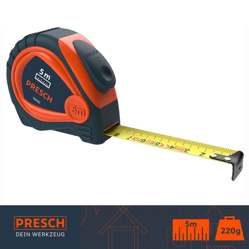 Presch Rollbandmaß 5 Meter, Maßband mit robustem Gehäuse und Auto-Lock Funktion
