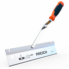 Scie à dos PRESCH avec poignée ergonomique et denture affûtée pour une coupe précise.