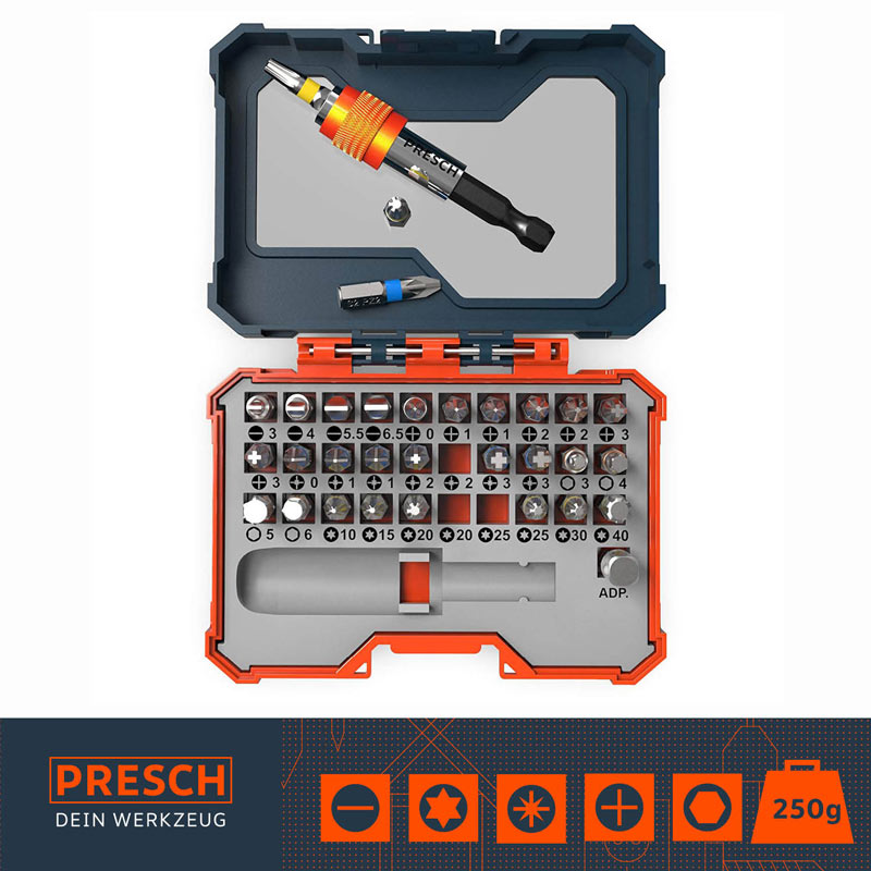 PRESCH Jeu d'outils dans une boîte ouverte avec différents embouts et tournevis, jeu d'outils à main de haute qualité, jeu de douilles