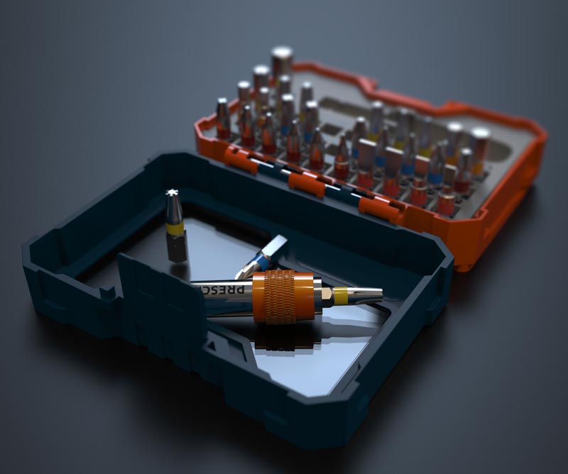 Jeu de 32 embouts PRESCH avec embouts de tournevis de précision et porte-embout dans une boîte en plastique ouverte