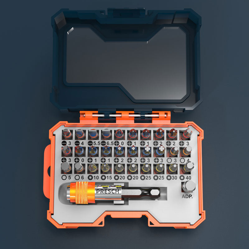 PRESCH Bitbox avec embouts de tournevis de haute qualité et porte-embout dans un coffret en plastique robuste ouvert.