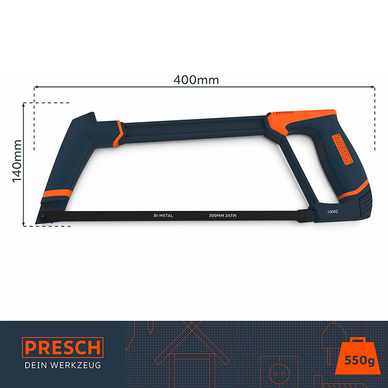 PRESCH Handzaag 400mm voor metaal en hout, robuuste ijzerzaag met ergonomische handgreep en precieze zaagbladen