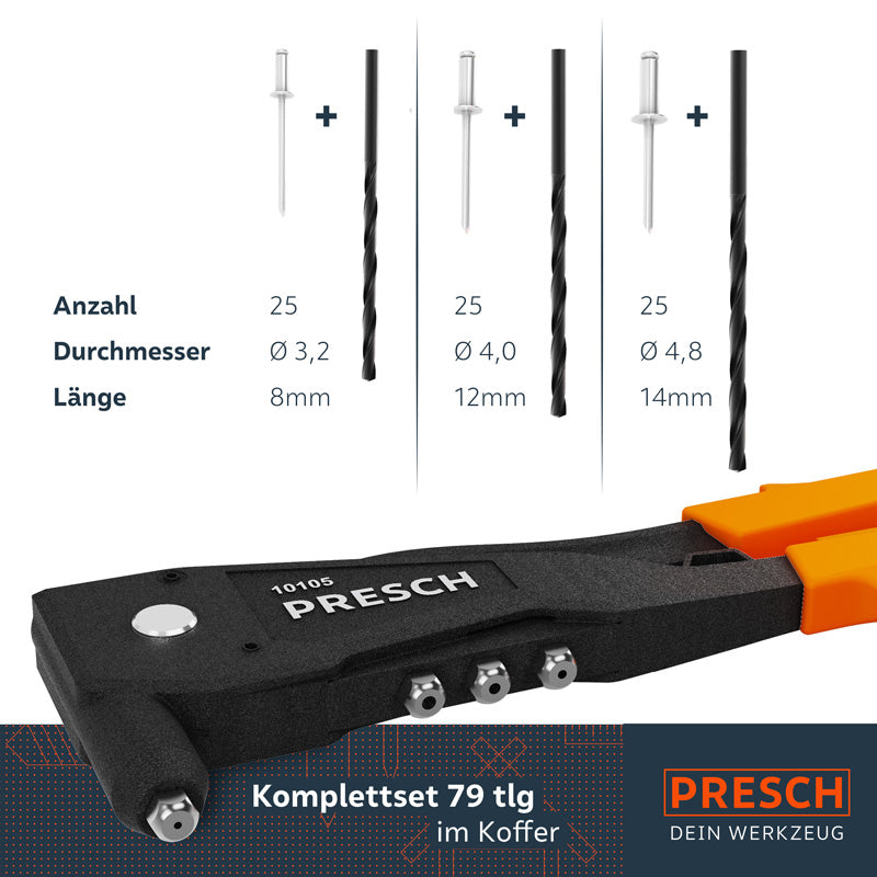 PRESCH Jeu d'outils avec différentes mèches et un outil à main dans une mallette, équipement professionnel pour l'artisanat.