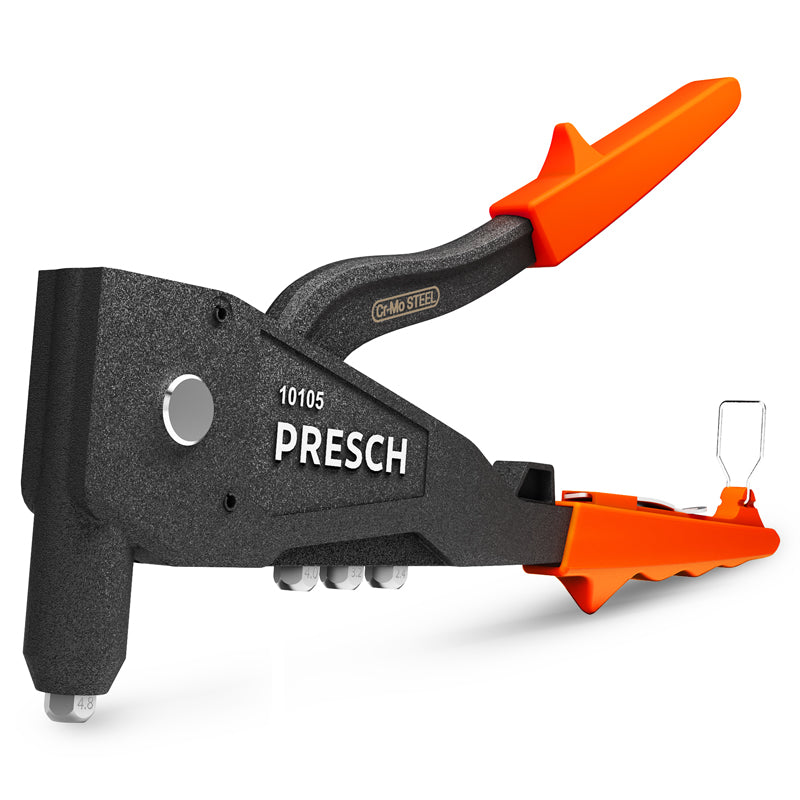 Pince à rivets aveugles PRESCH montée sur un mur avec panneau d'entreprise, outil de rivetage de qualité professionnelle de haute qualité.