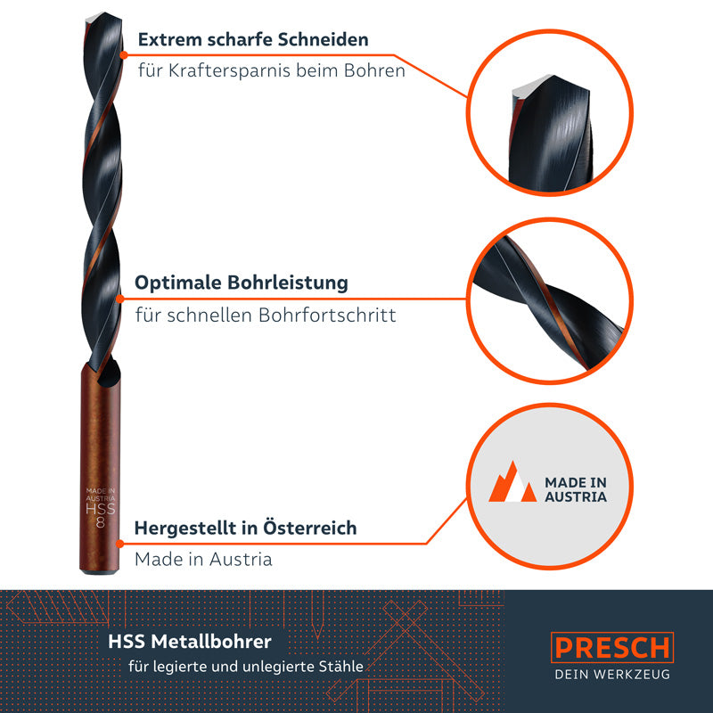 Set de forets à métaux HSS de PRESCH avec des arêtes extrêmement tranchantes et des performances de perçage optimales, fabriqué en Autriche