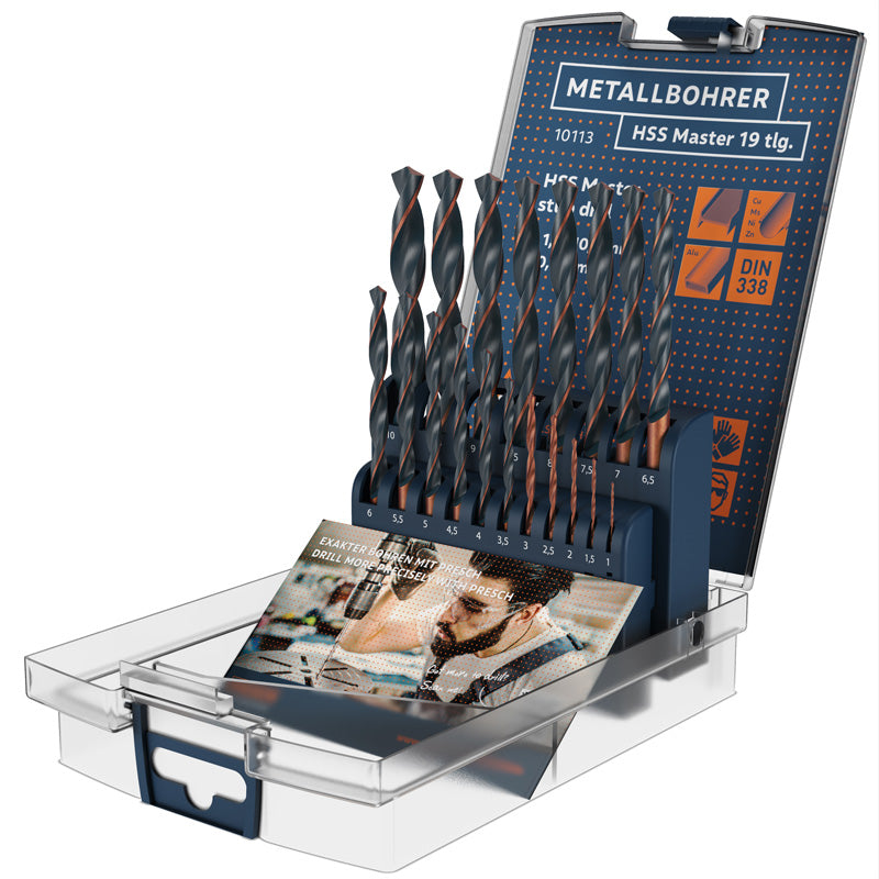 PRESCH Metallbohrer-Set 19-teilig in Kunststoffkassette, hochwertige HSS Bohrer, Spiralbohrer für Metallbearbeitung