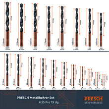 PRESCH Metallbohrer Set HSS Pro 19-teilig in verschiedenen Größen für präzises Bohren in Metall mit Spiralbohrern und Stahlbohrern.