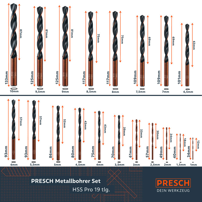PRESCH Metallbohrer Set HSS Pro 19-teilig in verschiedenen Größen für präzises Bohren in Metall mit Spiralbohrern und Stahlbohrern.