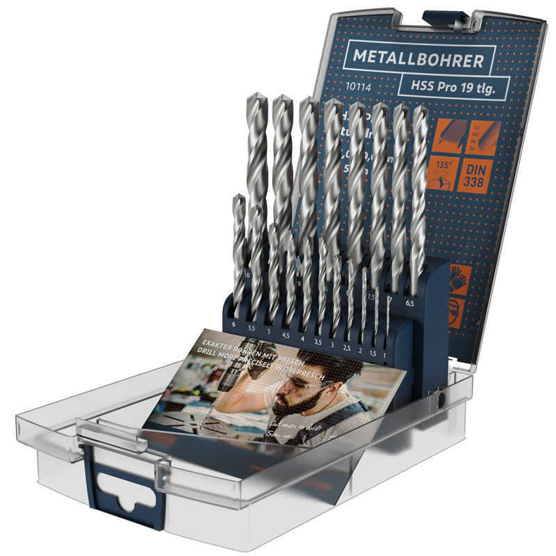 PRESCH Metallbohrer Set 19-teilig in Aufbewahrungskoffer, HSS Bohrer mit Spiralbohrer-Design, DIN 338