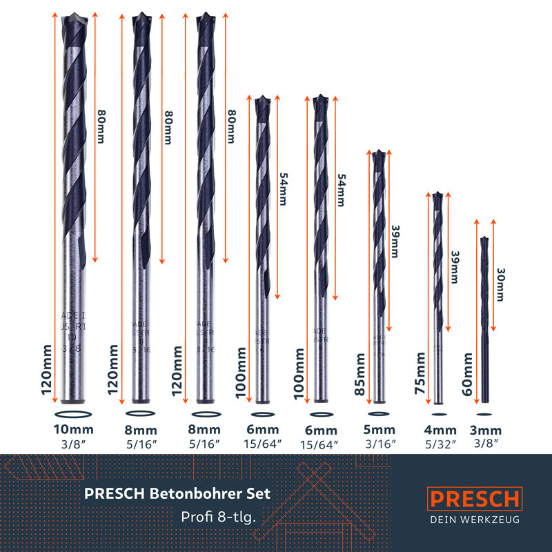PRESCH Jeu de forets à béton Pro 8 pièces avec différentes tailles pour un perçage précis dans le béton et la pierre.