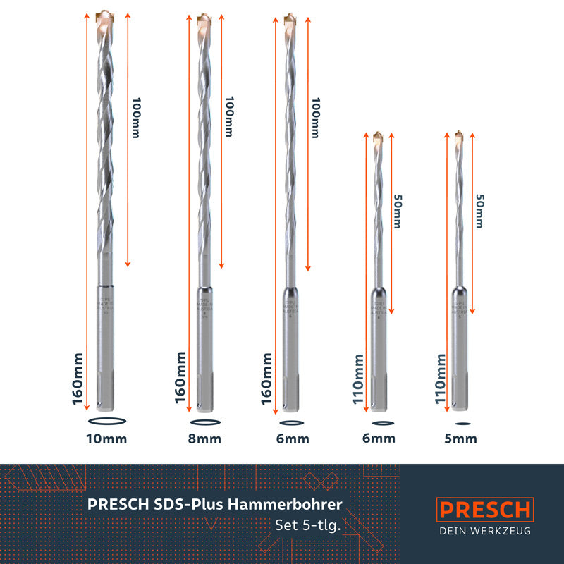 Ensemble de forets à percussion SDS-Plus PRESCH avec différents diamètres, jeu de forets, perceuse à percussion