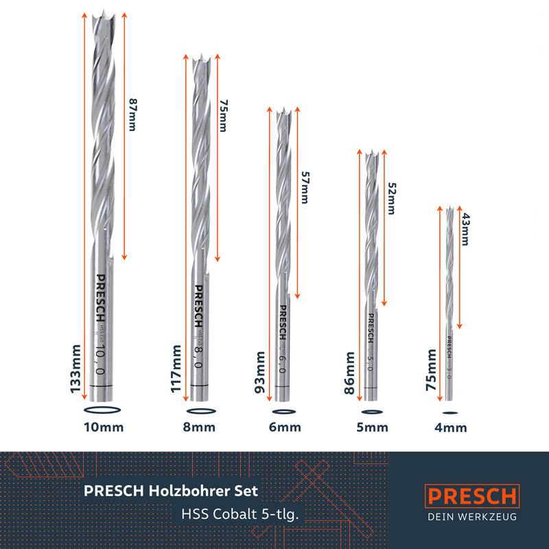 PRESCH HSS Kobalt Houtboor Set in verschillende maten, spiraalboren en boren voor hout in een 5-delige set