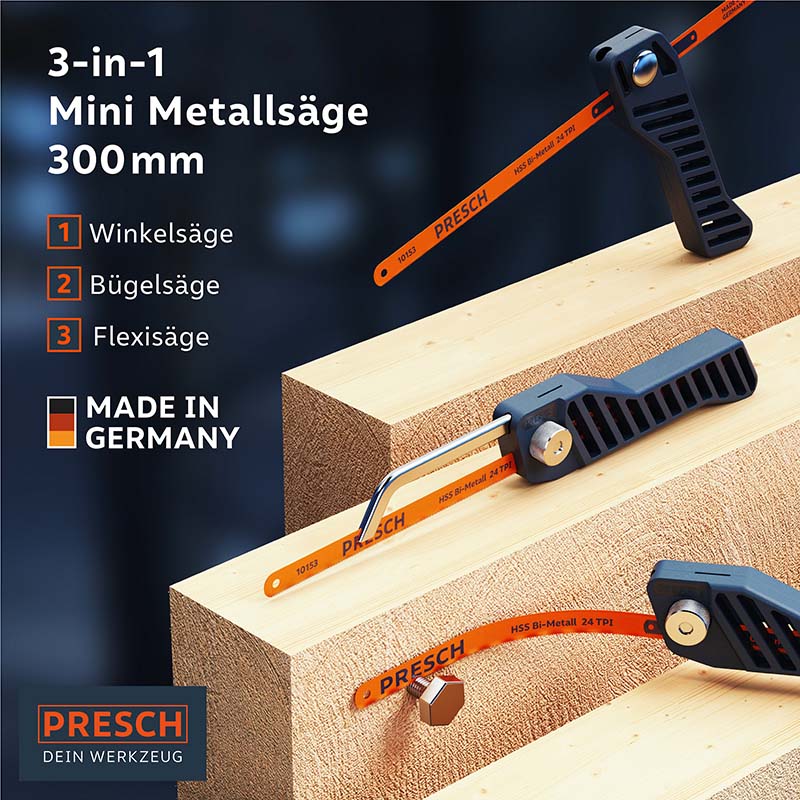 Scie à métaux mini 3-en-1 PRESC, avec scie à onglet, scie à archet et scie sabre sur support en bois.
