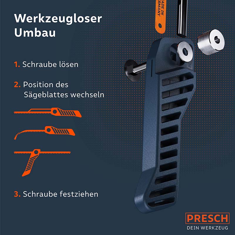 Mini-scie à métaux de PRESCH avec conversion sans outil, y compris les instructions pour changer la lame de scie.