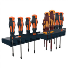 Jeu d'outils PRESCH avec différents tournevis sur une barre à outils, y compris des tournevis plats et cruciformes.