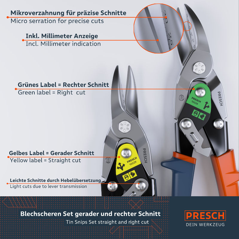 Set de cisailles à tôle PRESCH pour une coupe droite et d'équerre précise avec micro-denture et indicateur de millimètres.