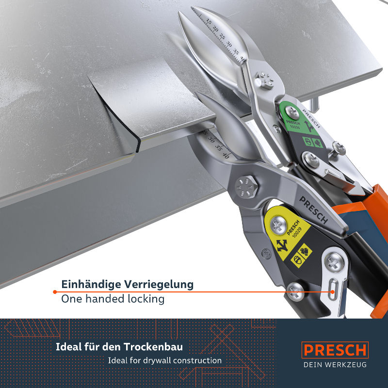 PRESCH Blechscheren-Set im Einsatz, Metallschneider für präzisen Zuschnitt, ideal für Blecharbeiten und Trockenbau.