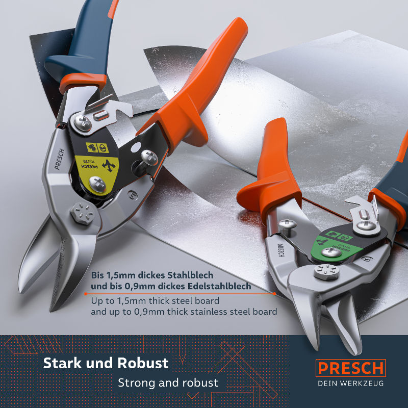 PRESCH Blechscheren-Set für präzises Schneiden von Metall und Stahlblech, einschließlich robuster Scheren für verschiedene Materialstärken.