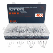 Set de rivets aveugles PRESCH avec différentes tailles de rivets dans une boîte de rangement organisée.