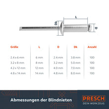 Set de rivets aveugles PRESCH avec différentes tailles et dimensions pour la technologie des rivets et le matériel de fixation.