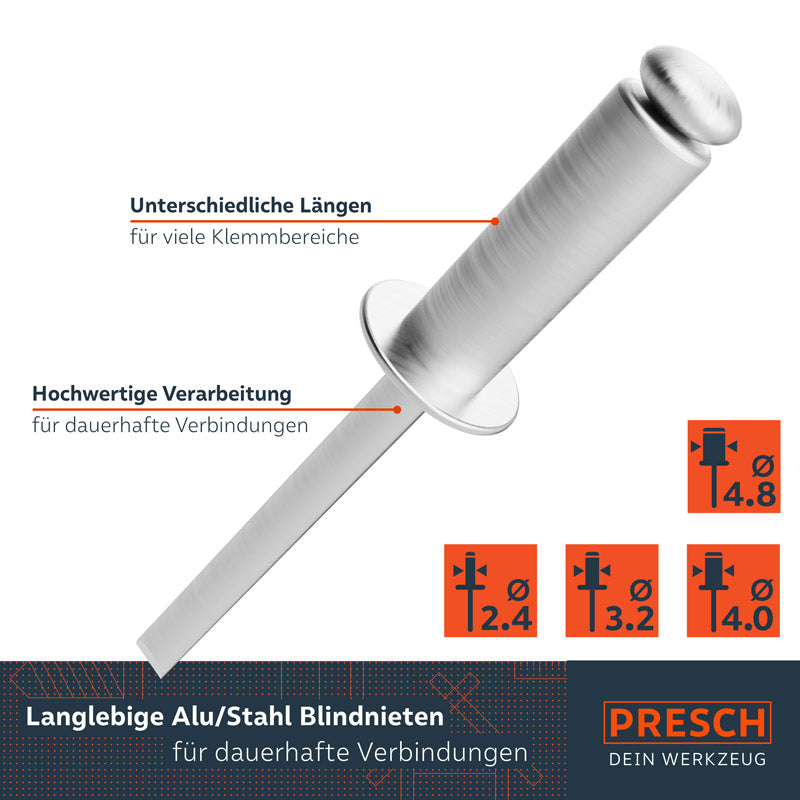 Set de rivets aveugles PRESCH avec différentes tailles pour différentes plages de serrage et connexions rivetées durables en aluminium et en acier