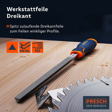 Lime triangulaire effilée de PRESCH sur support en bois avec poignée ergonomique, lime métallique, lime à main.