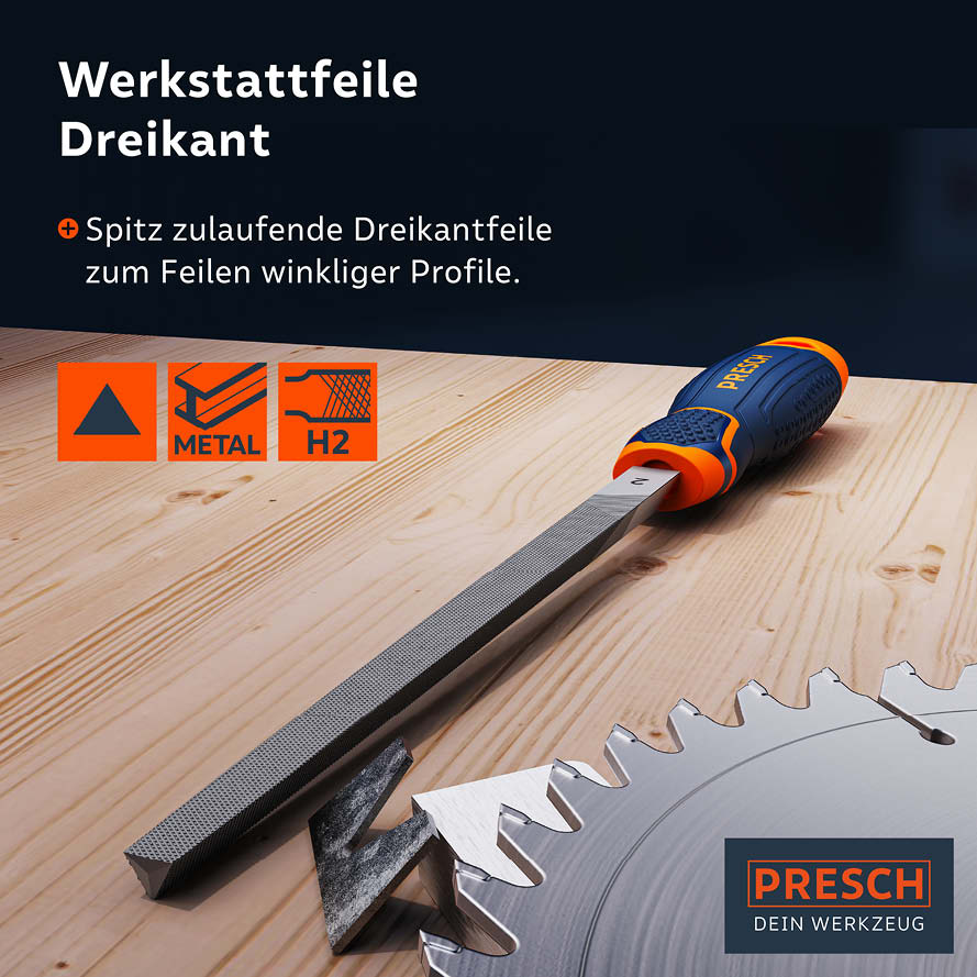 Spitz zulaufende Dreikantfeile von PRESCH auf Holzuntergrund mit ergonomischem Griff, Metalldatei, Handfeile.