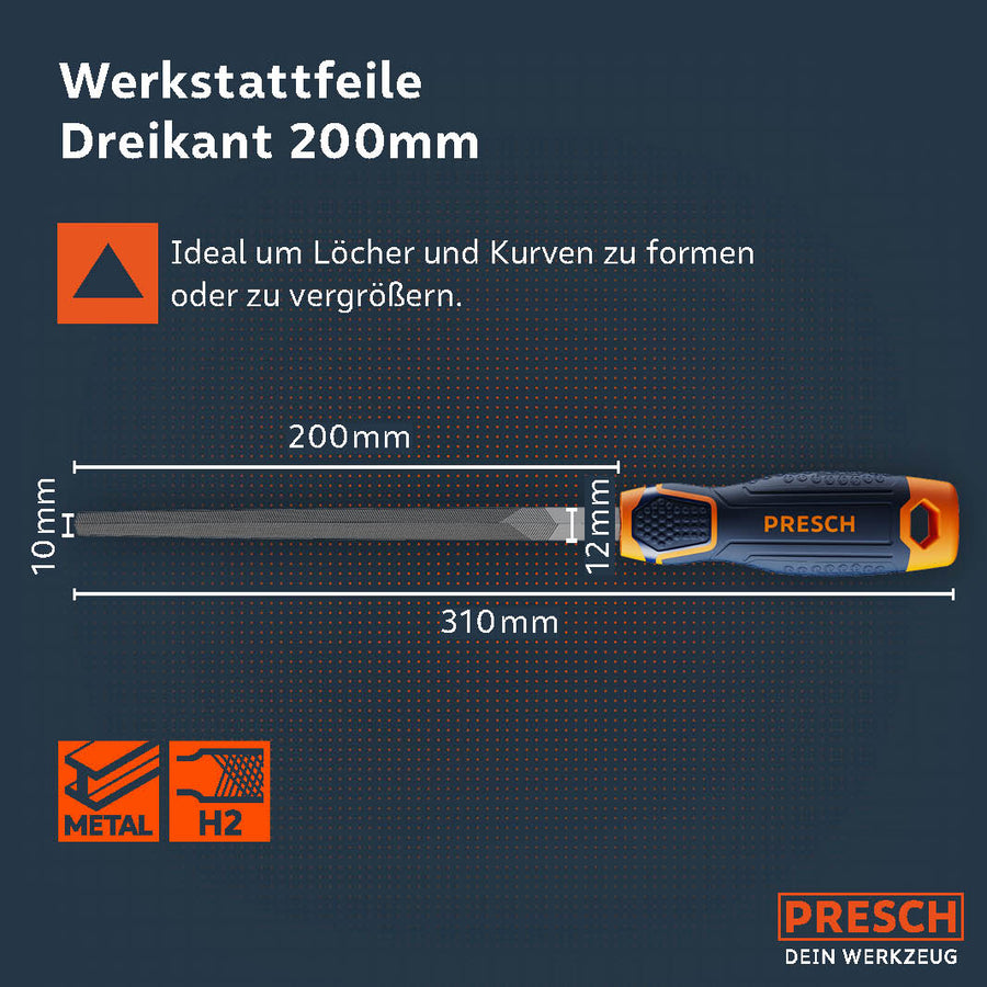 Limasque PRENSCH triangulaire 200mm pour un travail précis du métal, idéale pour façonner et élargir les trous et les courbes.