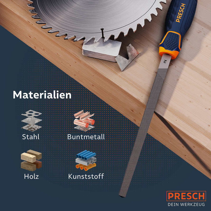 Lime à trois pans de PRESCH sur surface en bois avec lame de scie et différents échantillons de matériaux pour acier, métaux non ferreux, bois et plastique
