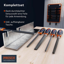 Presch Feilenset ensemble complet avec différents limes et râpes pour surface en bois, incluant un sac à suspendre.