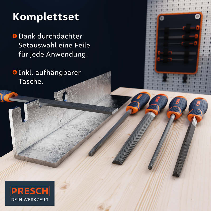 Presch Feilenset ensemble complet avec différents limes et râpes pour surface en bois, incluant un sac à suspendre.
