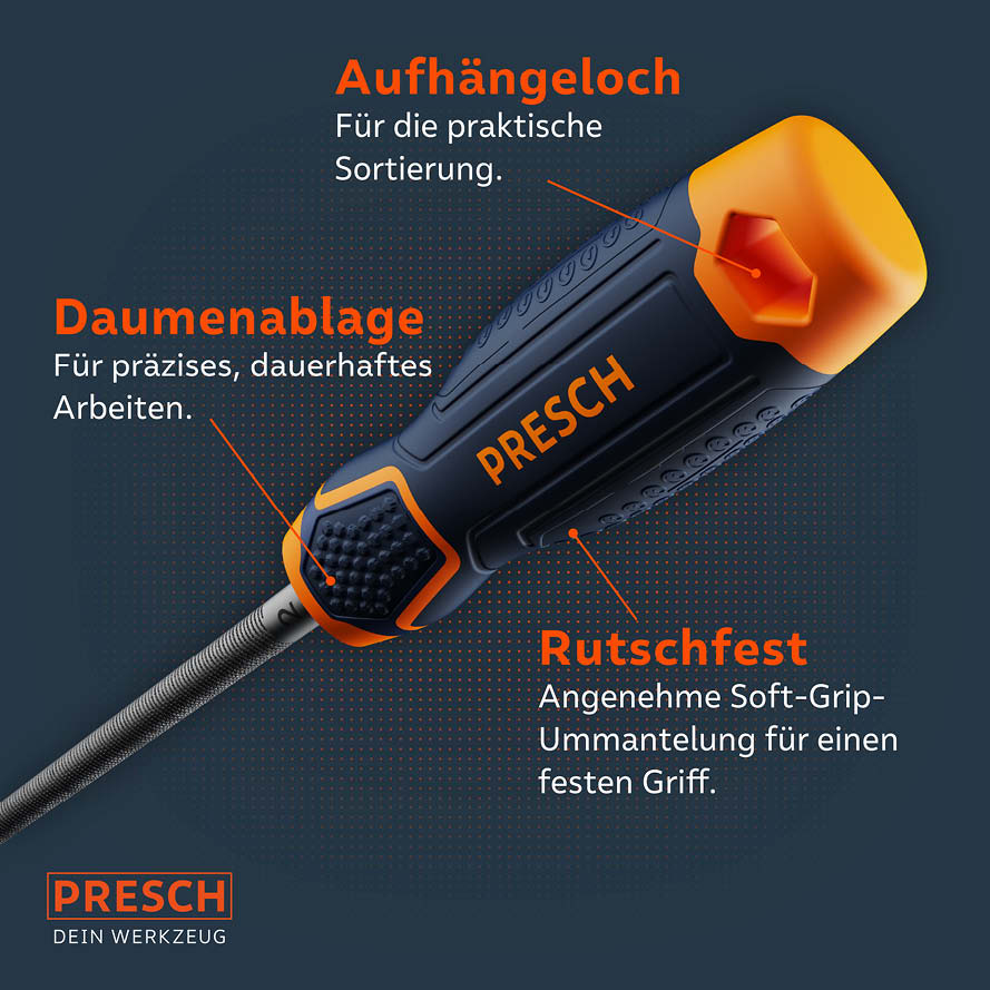 PRESCH set de limes avec poignée ergonomique et trou de suspension, outil robuste avec revêtement antidérapant.