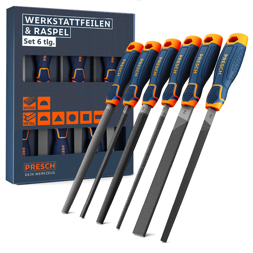 PRESCH Feilenset mit Raspel für Holz und Metall, 6-teilig, inklusive ergonomische Handgriffe