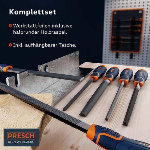 Feilenset mit Raspel von PRESCH, verschiedene Werkstattfeilen und eine halbrunde Holzraspel auf Holzuntergrund, inklusive aufhängbarer Tasche.