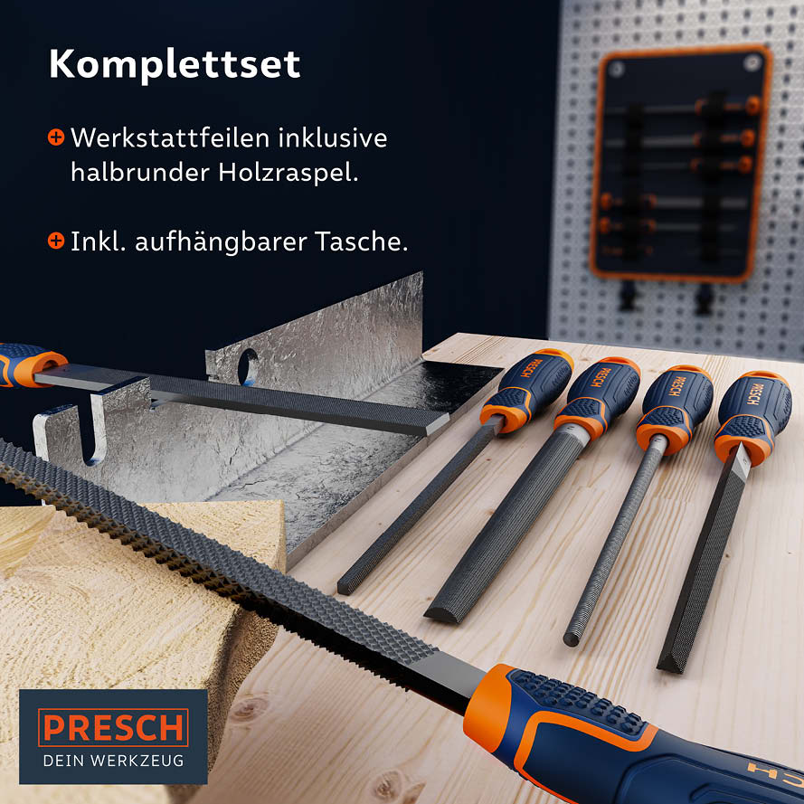Ensemble de limes PRESCH avec râpe pour bois et métal, 6 pièces, incluant des poignées ergonomiques