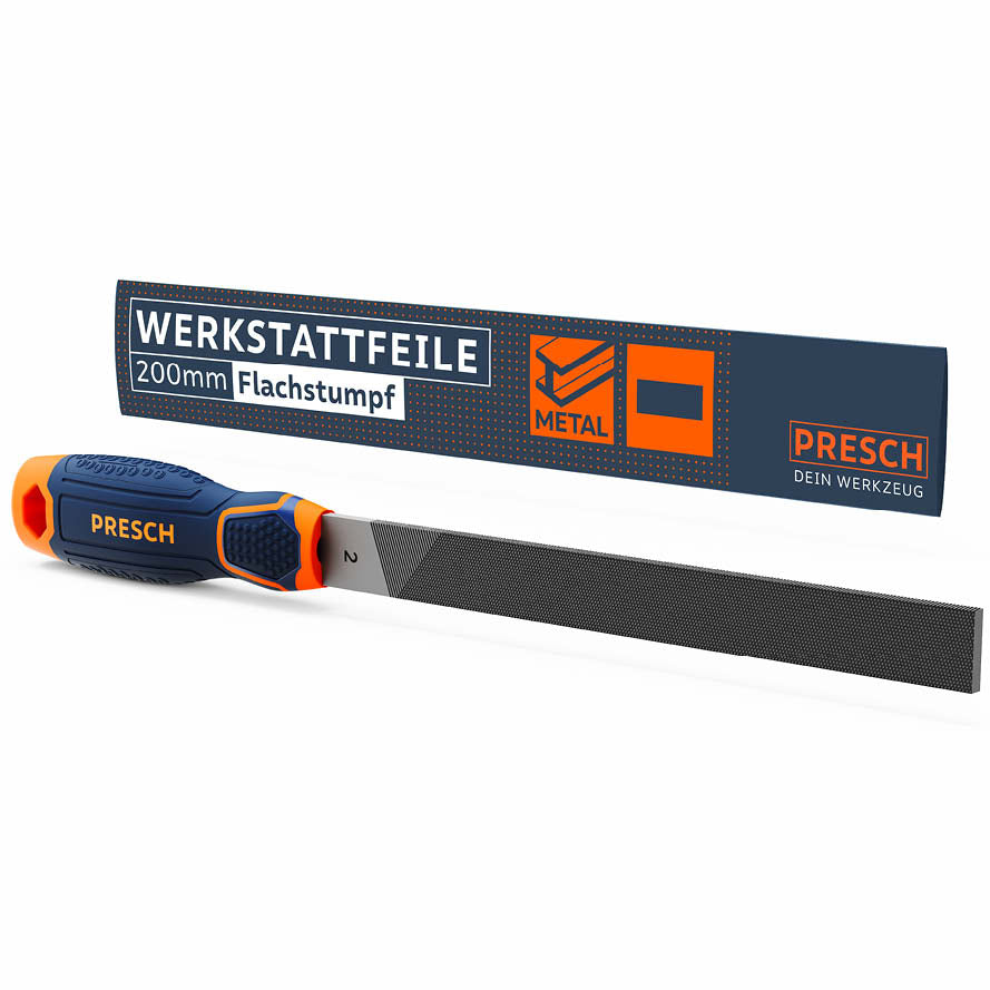PRESCH Flachfeile Werkzeug mit ergonomischem Griff und Verpackung für präzises Feilen in der Metallbearbeitung