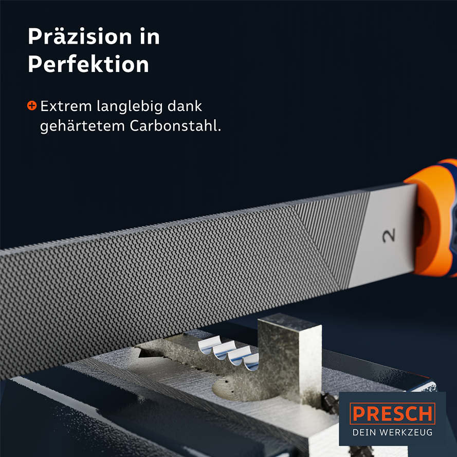 PRESCH Flachfeile für Metallbearbeitung mit gehärtetem Carbonstahl, ergonomischem Griff und hoher Abtragleistung.
