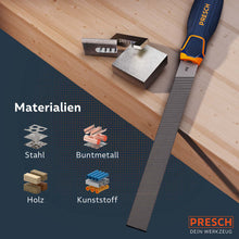 Lime plate from PRESCH on wood next to display of various materials such as steel and plastic.
