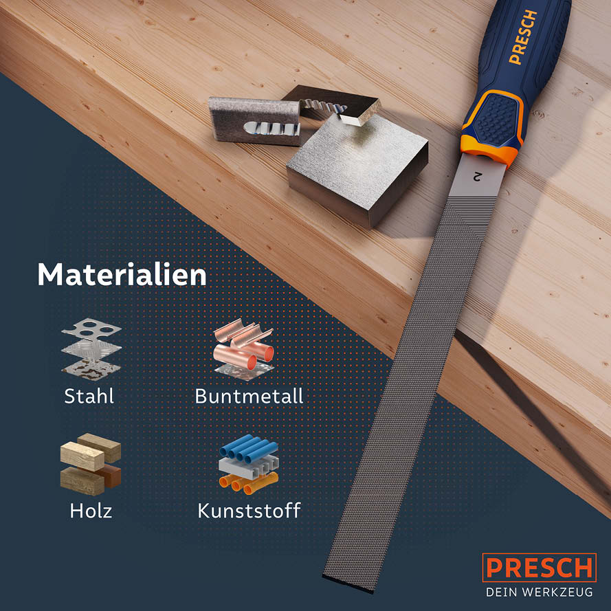 Lime plate from PRESCH on wood next to display of various materials such as steel and plastic.