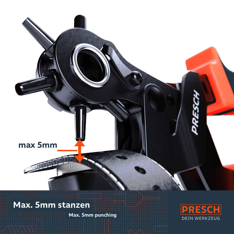 Pince à œillets de PRESCH avec fonction de poinçonnage max. 5 mm et conception de pince à œillets de haute qualité