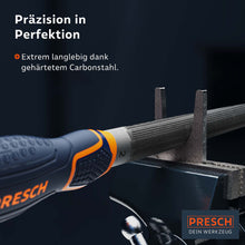 Halfronde vijl van PRESCH voor metaalbewerking, robuust en nauwkeurig uit gehard staal met ergonomische handgreep.