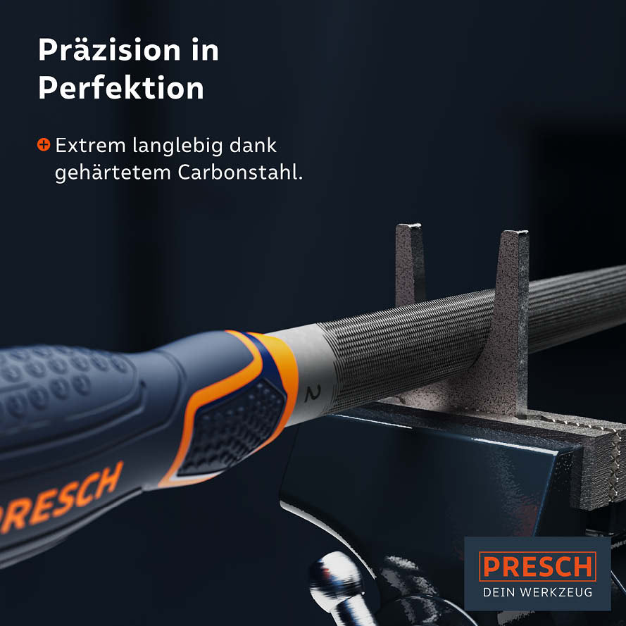 Halfronde vijl van PRESCH voor metaalbewerking, robuust en nauwkeurig uit gehard staal met ergonomische handgreep.