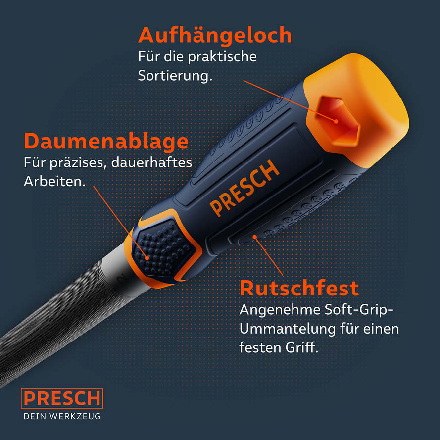 Halfronde vijl van PRESCH met ergonomische handgreep en duimsteun, evenals een ophanggat voor nauwkeurig handwerk.