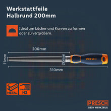 Halfronde vijl van PRESCH, 200 mm werkplaatsvijl voor metaalbewerking, rasp in detailweergave