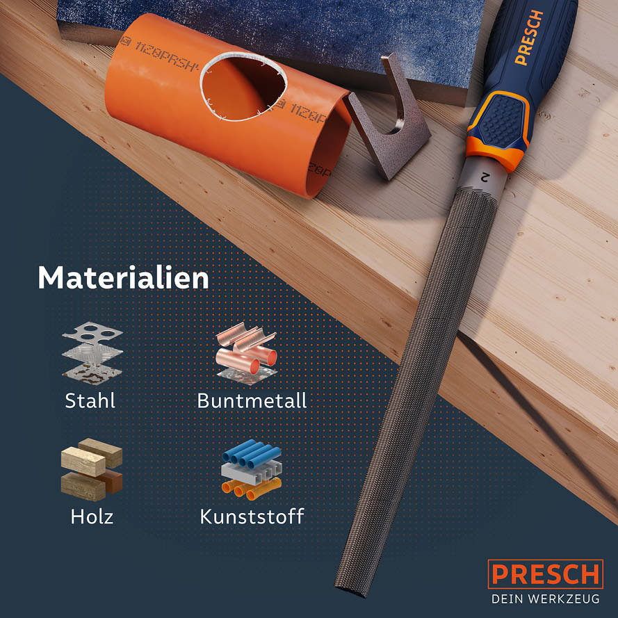 Voorvijl halfrond op hout naast ander gereedschap en verschillende materiaalmonsters zoals staal en kunststof.
