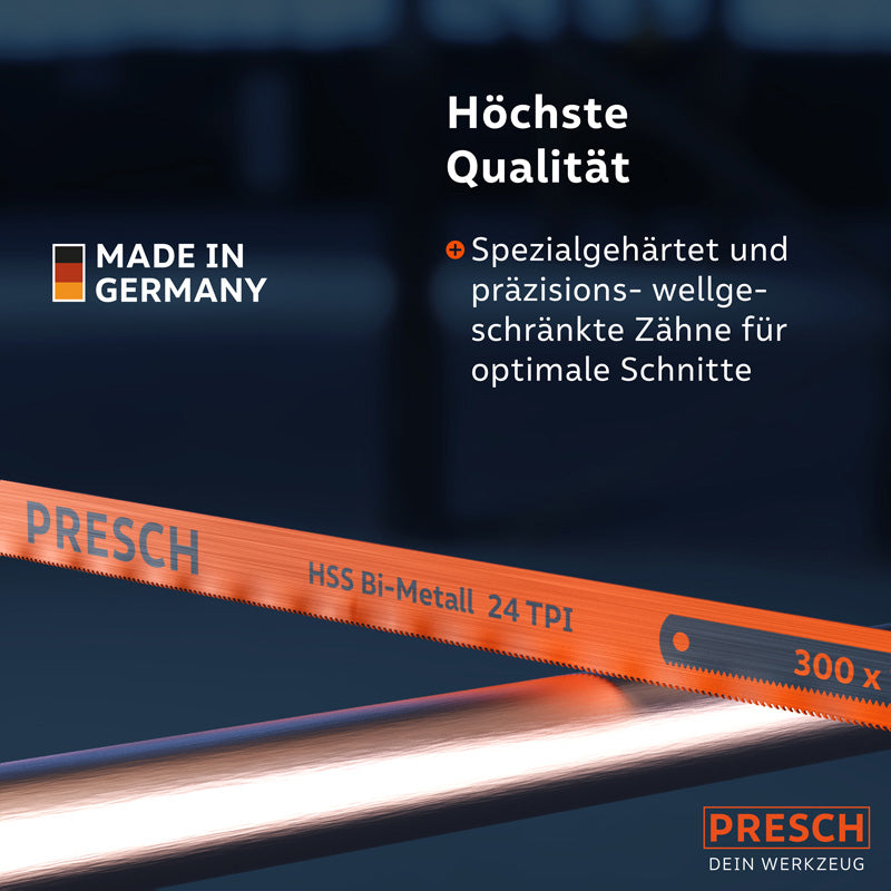 PRESCH Handsägeblatt 300mm für Metall und Holz mit gehärteten Zähnen und präziser Verzahnung.
